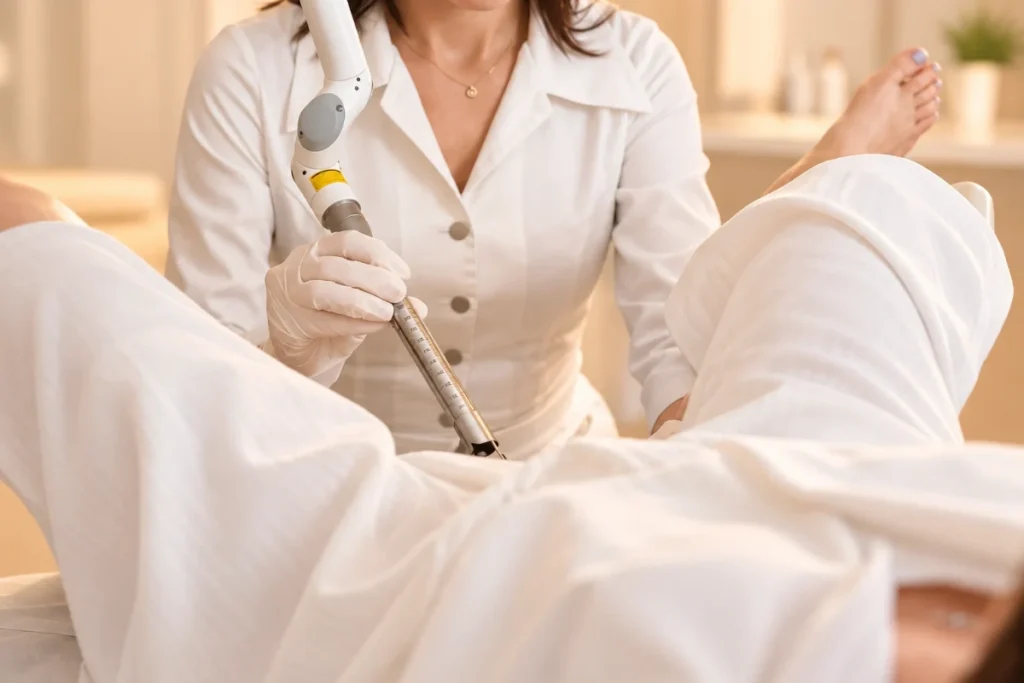 Gynaecologist performing a vaginal treatment procedure in a clinical setting