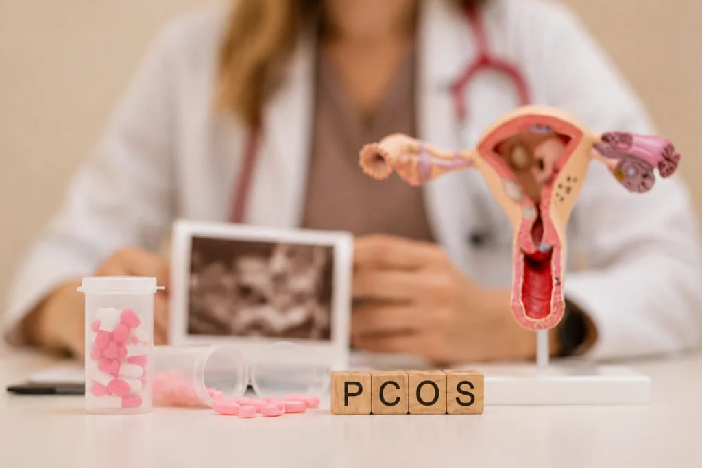 Doctor reviewing PCOS-related tests and reproductive health information during a medical consultation