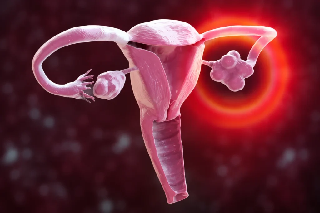 Medical illustration showing ovaries with multiple follicles associated with polycystic ovarian morphology