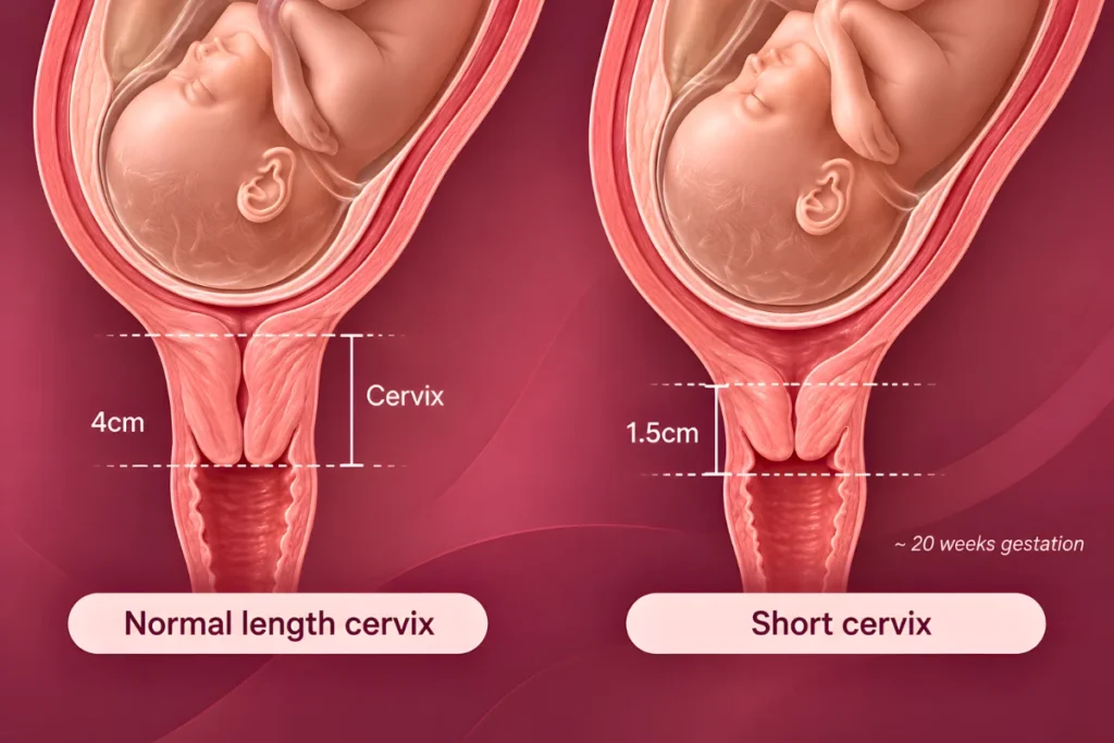 Medical illustration comparing a normal 4 cm cervix with a short 1.5 cm cervix during pregnancy at around 20 weeks