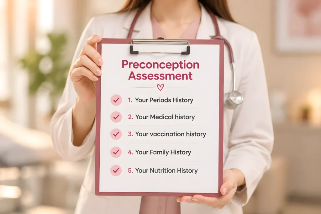 Doctor holding a preconception assessment checklist covering medical, family and vaccination history