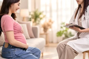 Pregnant woman discussing her pregnancy with a gynecologist during a consultation