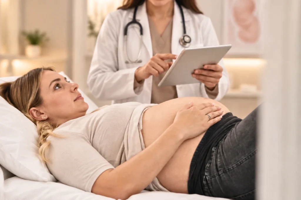 Doctor discussing pregnancy health with a pregnant woman during a consultation