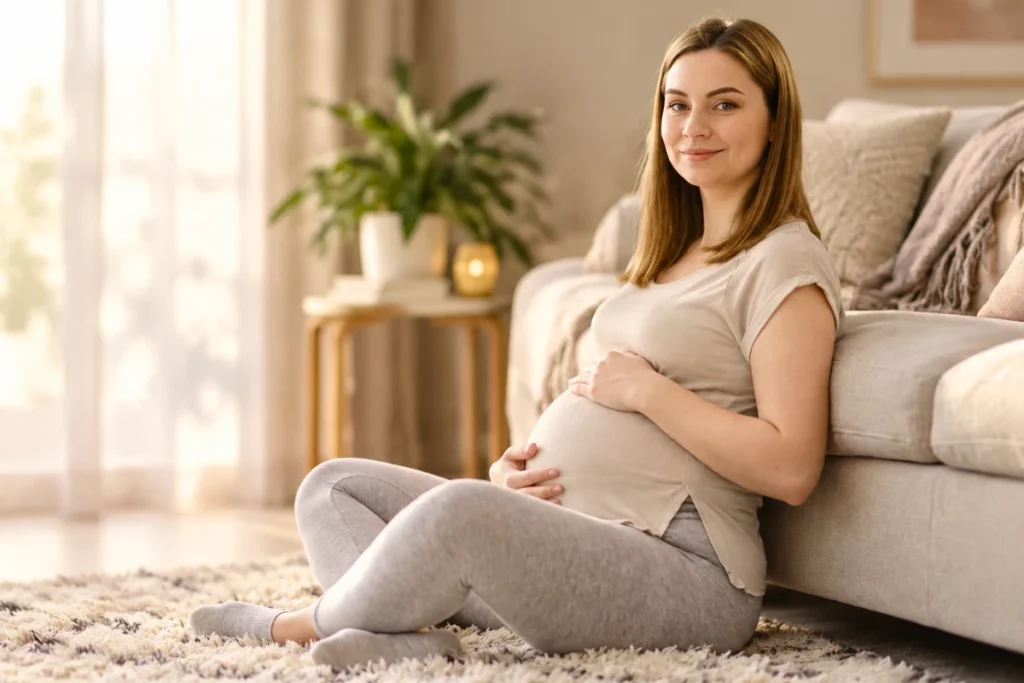 Pregnant woman sitting comfortably at home with her hands on her belly