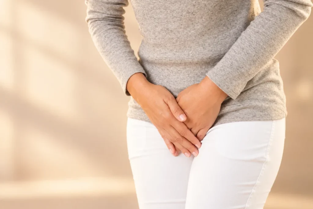 Woman holding her pelvic area to represent vaginal discomfort and women's health concerns