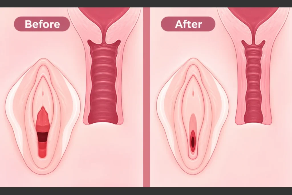 Illustrative comparison of vaginal anatomy before and after a tightening procedure